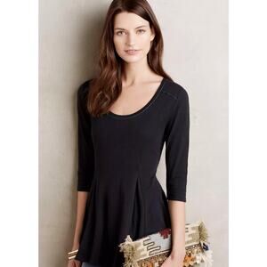 Anthropologie Women’s S Black Heathered Cotton Peplum 3/4 Sleeve Top NWT